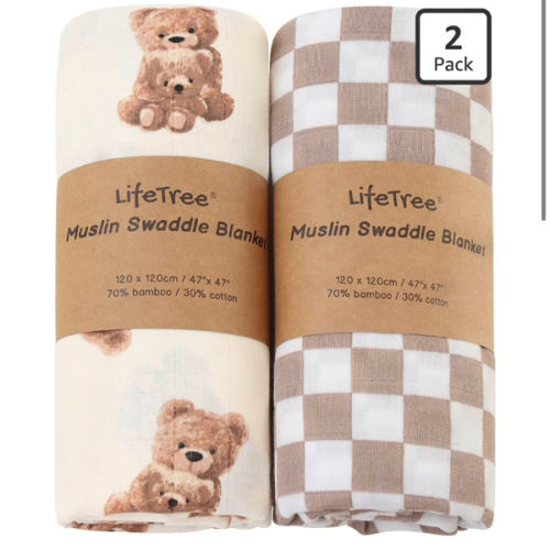 LifeTree Muslin Swaddle Blankets, Baby Swaddling Wrap Nursery Blanket Unisex, Soft 70% Viscose from Bamboo and 30% Cotton, Large 47 x 47 inches, Bear & Checkered Swaddle Blanket