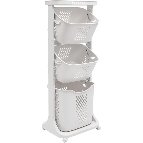 3 Layer Laundry Hamper Basket Sorter with 4 Wheels Trolley Washing Basket for Child 3 Tier Shelf Rolling Cart Rolling Clothes Bin Clothes Storage Organizer for Bathrooms Bedrooms White