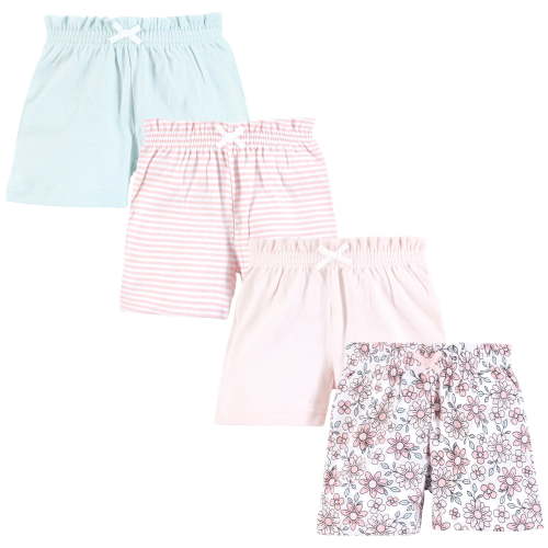 Hudson Baby Infant Girls Shorts Bottoms 4-Pack, Pink Daisies, 0-3 Months