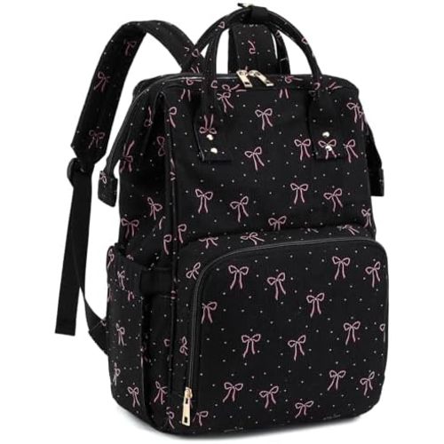 Corduroy Diaper Bag Backpack for Mom, Large Capacity Travel Nappy Bag for Baby Girls & Boys with Stroller Straps (Corduroy Bow Tie Black)