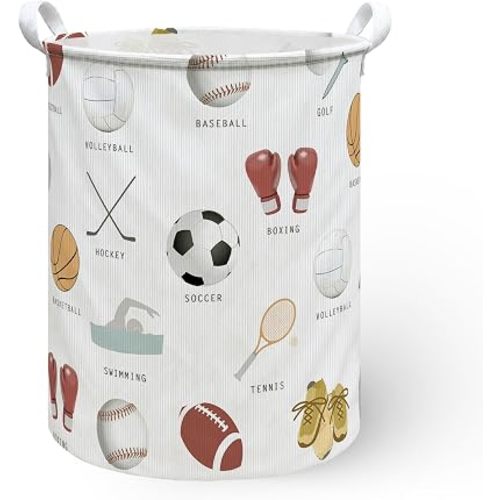 Sports Nursery Laundry Hamper Basket, Toddler Baby Boys Decor Dirty Clothes Hamper, Sports Room Decor Collapsible Laundry Bin Organizer Storage Basket for Boys Bedroom, 13.8x17.8 Inch