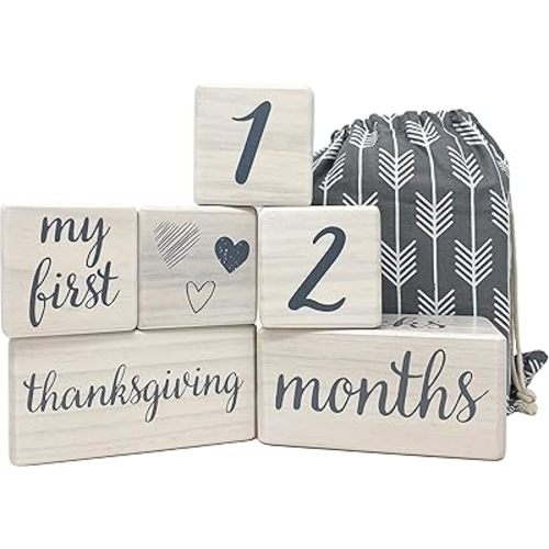Pondering Pine Baby Milestone Blocks - Natural White Stain Pine Wood with Weeks Months Years Grade and Holidays, Newborn Weekly Monthly First Year Picture Props, 6 Block Milestones Age Set with Bag