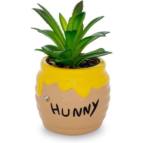 Disney Winnie The Pooh Hunny Pot 3-Inch Ceramic Mini Planter with Artificial Succulent | Small Flower Pot, Faux Indoor Plants for Desk Shelf, Home Decor Trinket Tray and Collectibles