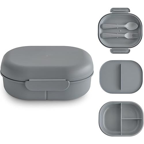 mushie Kids Bento Lunch Box | 3-Compartment & Removable Divider + Fork & Spoon Utensils | Great For Meals, School, Snacks On-the-Go | Dishwasher Safe (Smoke)