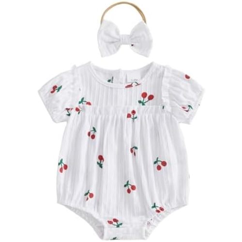 Infant Baby Girl Outfit Cherry Print Short Sleeve Bubble Romper Cotton Linen Bodysuit Newborn Summer Clothes Headband