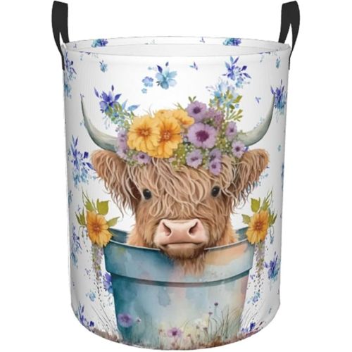 Highland Cow with Blue Floral Laundry Basket, Farm Animal Dirty Clothes Laundry Hamper for Bedroom Bathroom College Dorm Nursery Toy Organizer Storage Basket Funny Oxford Cloth Tote Bag 19.6x15.7 Inch