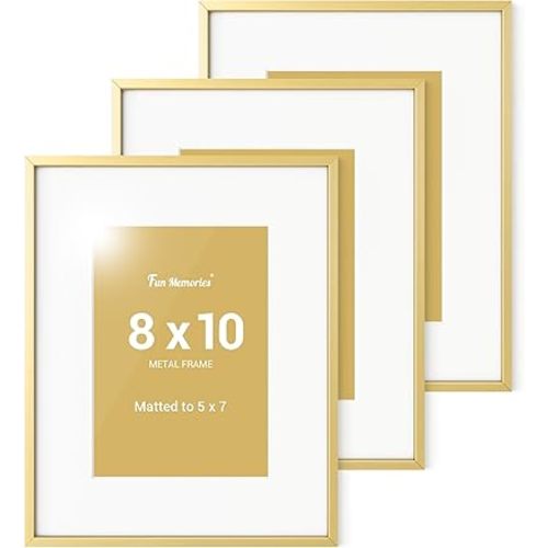 Fun Memories 8x10 Picture Frame, Gold Metal 8x10 Poster Frames with 5x7 Removable Mat, Vertical and Horizontal Display, Wall Hook Hanging, High-Definition Plexiglass, Set of 3