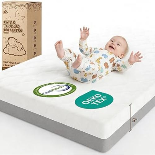 Dual Sided Baby Crib Mattress, 5 Inch Thick Soft & Firm Memory Foam Breathable Toddler Mattress, 4 in1 Standard Baby Bed Mattresses with Removable Washable Cover 52x27.6x5 - Gray