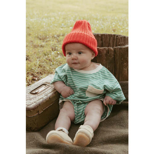 Cory Pocket Romper in Thin Mineral Green Stripe