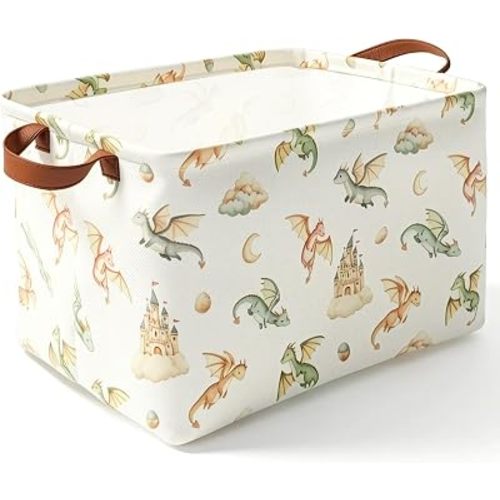 Dragon Storage Basket Waterproof Canvas Collapsible Organizer Bin with Leather Handles for Toys, Blankets, Closet & Nursery Decor, Dragon Themed Gift Basket