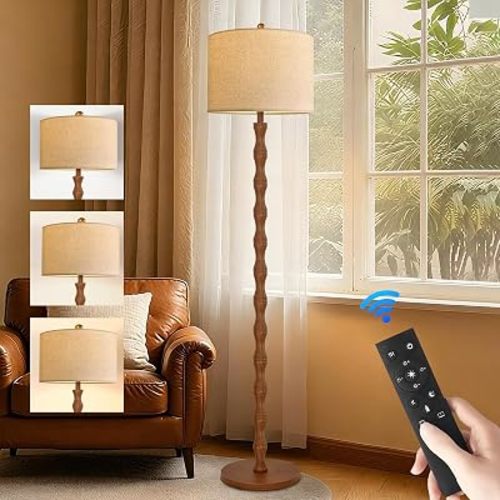 QIYIZM Wood Floor Lamp for Living Room,Bedroom,Vintage Standing Lamp with Remote Dimmable,Farmhouse Mid Century Tall Lamp Rustic Industrial Retro Floor Light Boho Bohemian