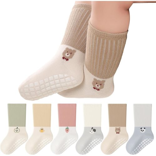 Baby Toddler Non-Skid Crew Socks Non Slip Cartoon Socks Girl Boy Newborn Infant First Walking Floor Socks 6 Pairs