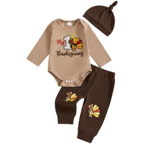Karuedoo My First Thanksgiving Baby Boy Outfit Newborn Long Sleeve Romper Long Pants with Hat 3Pcs Clothes Set (Khaki Coffee, 0-3 Months)