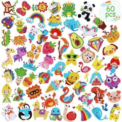 GWAHSA 60pcs 5D Diamond Art Stickers Arts and Crafts Creative Gem Art Paint by Number Kits for Kids Ages 4-6 6-8 8-12 Boys Girls DIY Mosaic Stickers Toys for Birthday Party Halloween Christmas Gifts