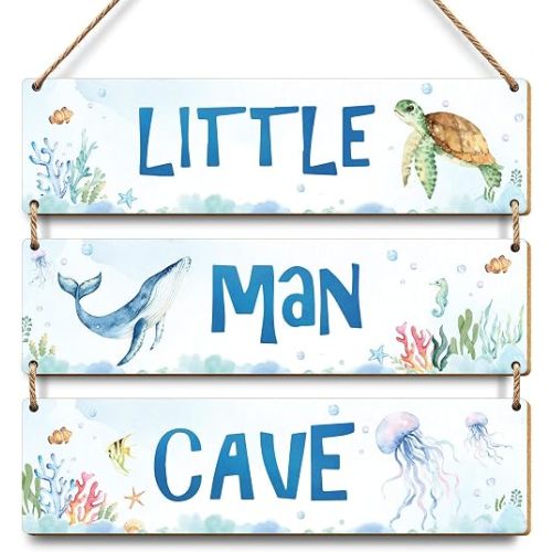 Blue little man cave wooden sign - Ocean Themed wooden sign for Boy, bedroom wall art warm Decoration, Marine animals themed decoration, playroom classroom Decor supply-4