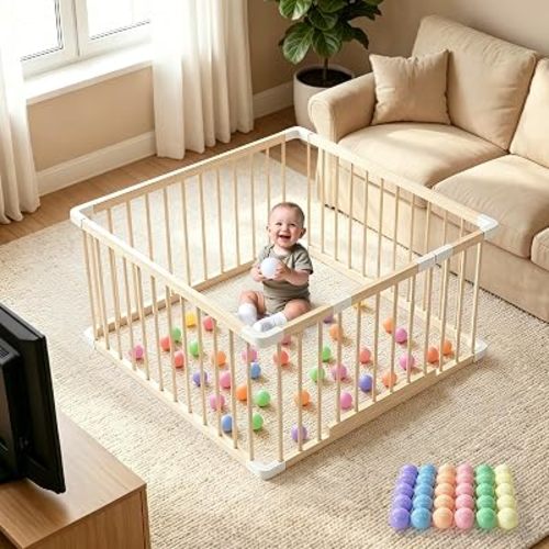 Small Wooden Baby Playpen, 36x36x24 Inch with Dual-Lock Safety Gate