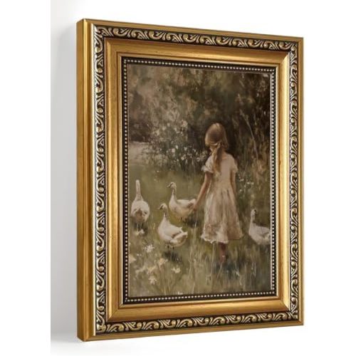 Gold Framed Vintage Rustic Girl and Ducks Wall Art 8x10in