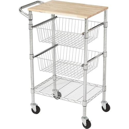 Amazon Basics 3-Tier Metal Basket Rolling Cart with Wood Top, Silver
