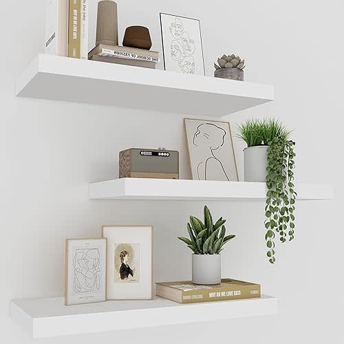 White Floating Shelves for Wall Set of 3, 16" White Shelves for Home Decor, Frame Display Wall Mounted Floating Shelf for Living Room, Bedroom, Bathroom, Kitchen