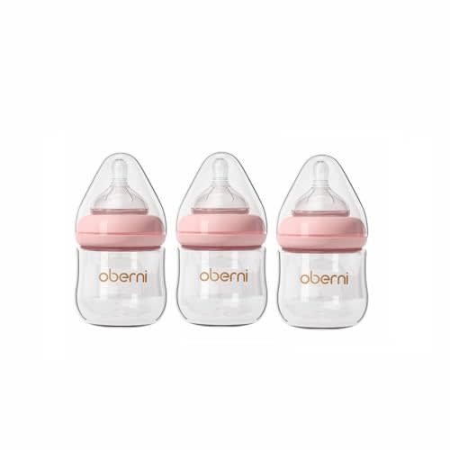 Oberni Glass Baby Bottles,Anti Colic Breastfeeding Bottle with Natural Response Nipple Size S,Wide Neck Slow Flow Baby Bottle for Baby,Newborn,Preemie 0-3 0-6 Month,BPA Free (Pink, 4 Ounce,3 Pack)
