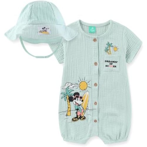 Disney Mickey Mouse Baby Boys Gauze Romper with Bucket Hat 2 Piece Set for Infant