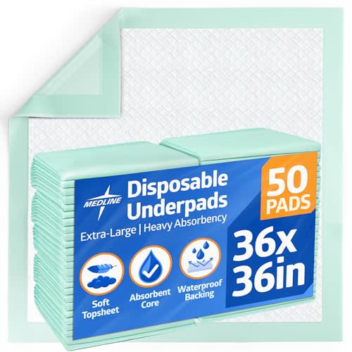 Medline Super Absorbent Underpad, 36" x 36", 50 Count, Extra Large Disposable Incontinence Pads, Protective Bed Pads, Chucks, For Kids, Adults, Elderly, Furniture & Surface Protection Pee Pad