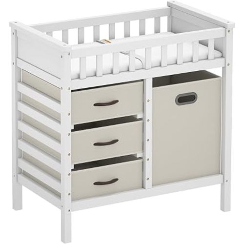 BABY JOY Wooden Baby Changing Table, Diaper Changing Station with 3 Storage Drawers, Laundry Hamper, Waterproof Changing Pad & Safety Belt, Modern Nursery Furniture for Daycare Bedroom (Beige)