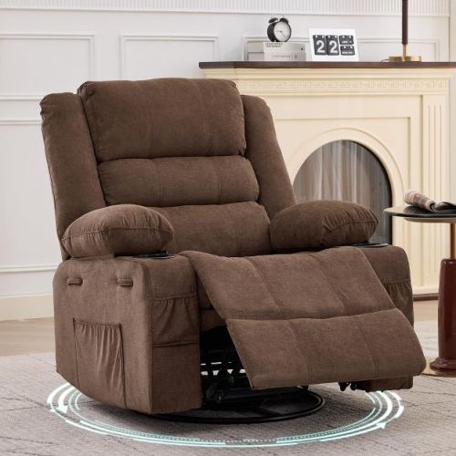 360° Swivel Recliner Chair for Adult, Linen Rocker Chair with 3 Positions/2 Side Pockets/Cup Holders, Manual Nursery Glider Rocking Chair