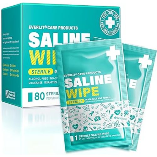 EVERLIT CARE Saline Wipes | 80 Pcs Sterile Wet Towelettes Formulated for Sensitive Skin | Nose, Piercing Aftercare, Baby & Kids | No-sting Alcohol-Free Wipes with Aloe Vera | 6" x 8" Extra Large Sheet