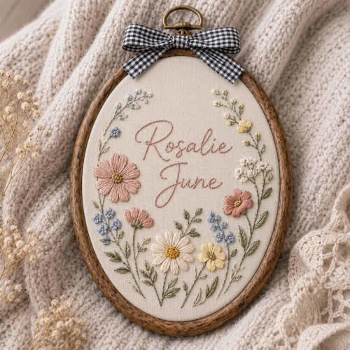 Custom Embroidered Baby Name & Wildflower Hoop Sign, Personalized Embroidery Flower Nursery Wall Decor, Baby Announcement, Newborn Gift