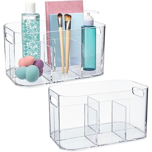STORi Bliss 5-Compartment Plastic Cosmetics Storage Organizer, Set of 2 | Clear | Rectangular Divided Makeup Bin & Vanity Caddy with Pass-Through Handles | Round Corner Design | Made in USA
