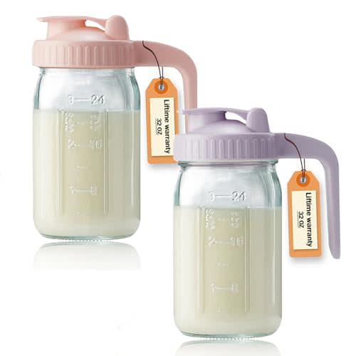 Miradexic 32oz Glass Pitcher with Lid & V-shaped Pour Spout - 1 Quart Double Leak Proof, Creamer Container for Sun Tea, Juice, Cold Brew Coffee, Breastmilk Storage Container