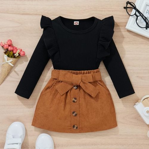 fhutpw Baby Toddler Girl Outfits Fall Winter Clothes Turtleneck Knitted Cotton Long Sleeves Tops & Button Mini Skirts Set - B Black&brown - 12-18 Months
