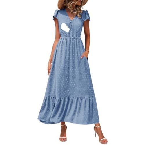 CzzzyL Women Nursing Boho Maxi Dresses Cap Short Sleeve V Neck Swiss Dot High Waisted A-Line Ruffle Tiered with Pockets