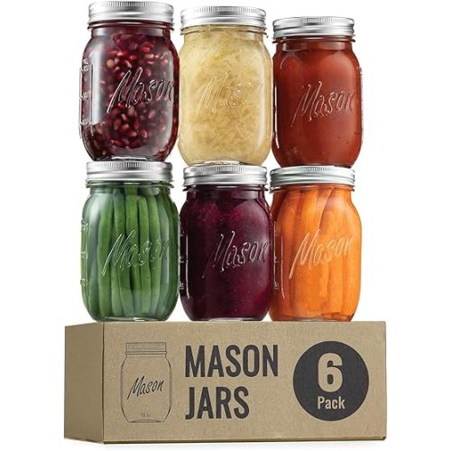 Classic 16 Oz Mason Jars, 6 Pack Canning Jars, Regular Mouth, Airtight & Leak Proof, Dishwasher Safe, Microwave & Freezer Safe, 3.2 x 4.5 x 5.5 inches