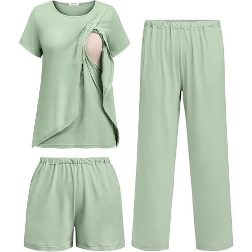 Ekouaer 3 PCS Maternity Nursing Pajamas Set Postpartum Breastfeeding Short Sleeve Shirts, Pregnancy Shorts & Pants Pjs S-XXL