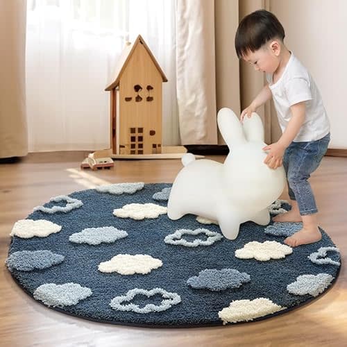 Poowe Kids Play Mat Baby Nursery Rug Round Educational Alphabet Soft Area Rug Non Slip for Children Toddlers Bedroom (Round 47.2", Navy Blue Clouds)