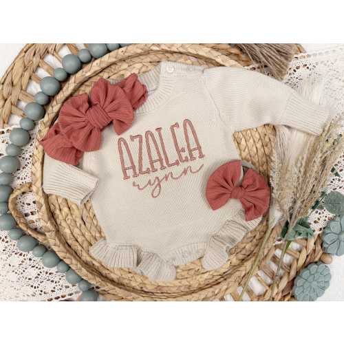 Personalized newborn knit ruffle sweater baby outfit, Custom cotton knitted baby bodysuit, coming home outfit
