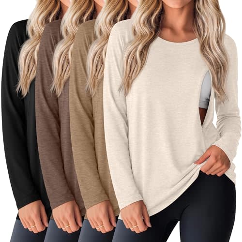 Oakgarden 4 Pack Women's Cotton Nursing Tops Breastfeeding Maternity Hidden Zippers Crew Neck Long Sleeve Pregnancy Shirts