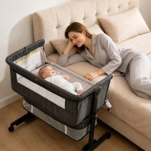 Kmaier Baby Bassinet 3 in 1 Foldable Portable Crib,6 Adjustable Height,with Wheels,Baby Bassinet Rocking-Dark Grey