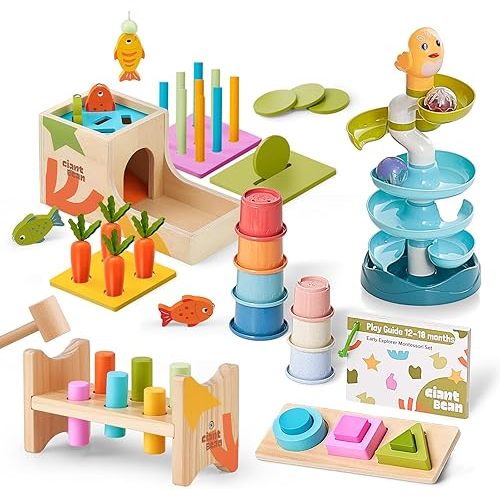 Giant bean 8-in-1 Wooden Montessori Toys Set Learning Toys for Baby 12-18 Month with Object Permanence Box, Senser Ball Roll Tower, Hammer, Fishing Carrot, Shape Sorting Stacking Cup for Kids 1+