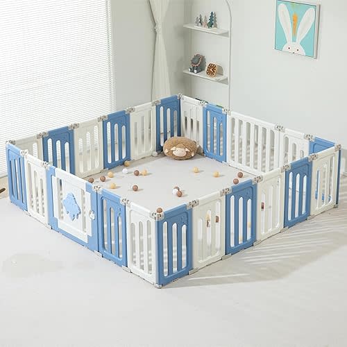 Extra Large Baby Playpen - 22 Panels Foldable Play Yard for Babies and Toddlers, Portable Fence, Gate, Blue