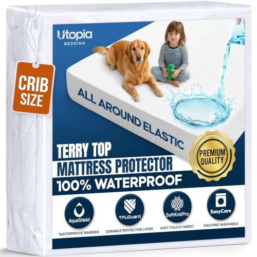Waterproof Crib Size Mattress Protector fits Upto 5" deep Mattresses | Utopia Bedding 200 GSM Soft & Breathable Mattress Cover, Dirt-Proof, Noiseless, Machine Washable Fitted Sheet Style, White