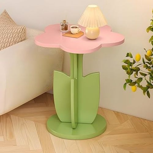End Table for Sofa - Flower Shaped Side Table & Plant Stand - Unique Nightstand for Girls Bedroom - Modern Bohemian Furniture & Groovy Room Decor - Preppy, Y2K Style Accent Table (Pink Green)