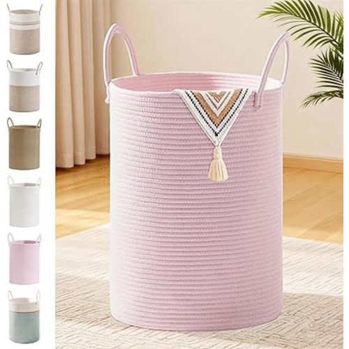 72L Large Tall Cotton Rope Laundry Basket with Handles, Pink