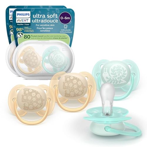Philips Avent Ultra Soft Pacifiers - Orthodontic Design, for Babies 0-6 Months, Flexible Shield, Silicone Symmetrical Nipple, BPA-Free, 2 Sterilizing Cases, 4 Pack, SCF091/48