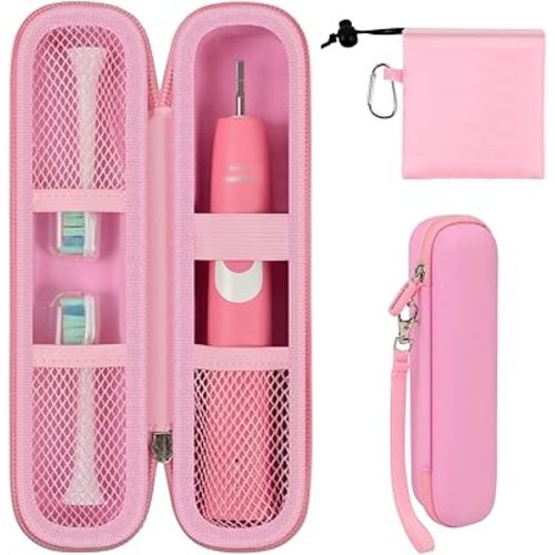 Toothbrush Travel Hard Case Compatible with Oral-B Pro 1000, 2000, 3000, 3500, 1500/ for Philips Sonicare ProtectiveClean 4100 5100 Electric Toothbrush with Mesh Pocket&Carabiner - Pink (Bag Only)