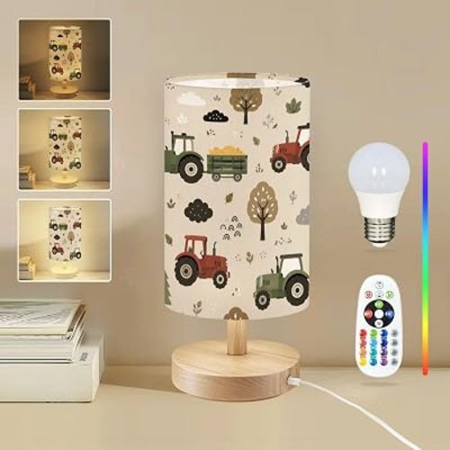 Round Table Lamp for Bedroom Seamless Farm Tractor Trees Beside Lamps Desk lamp with Wood Base Nightstand Lamps for Nursery Living Room Home Decor