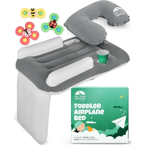 Toddler Airplane Bed - Inflatable Airplane Bed for Kids with Bug Spinners and Pillow - Fits All Seats, with Cup Holder - Durable - Easy to Inflate Deflate and Clean (Mattress + Pillow + 3 Spinners)