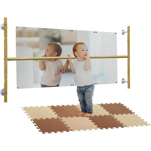 Montessori Coordination Mirror Set with Mat - Pull Up Bar and Mirror for Babies, Toddlers | Develop Motor Skills Self-Discovery | Hardware | Plexiglass Acrylic Safety & Powder Coated Steel Bar